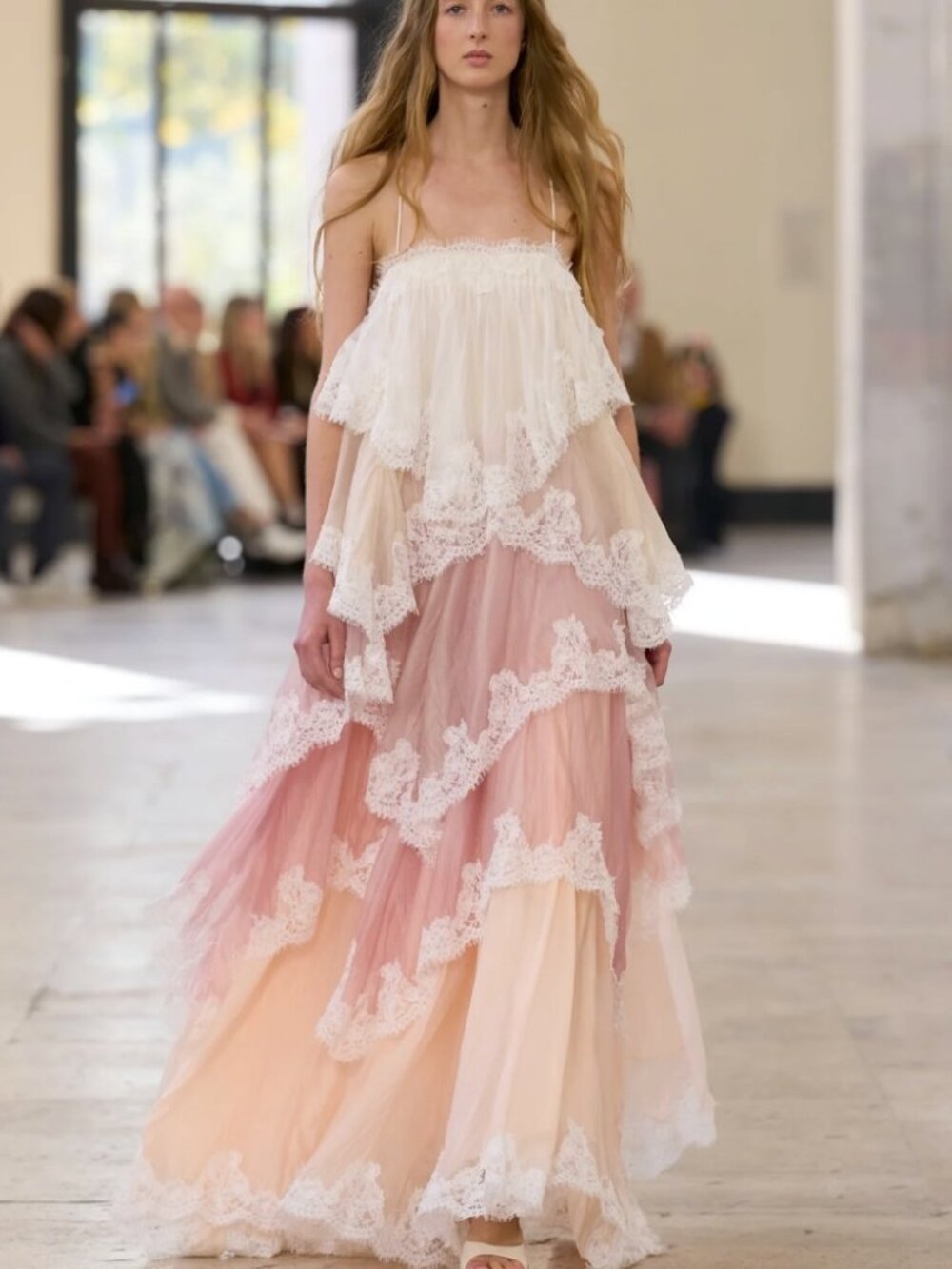 AJE Runway Tiered Lace Ombre Maxi Dress Pink Cream Wedding Guest Boho Statement